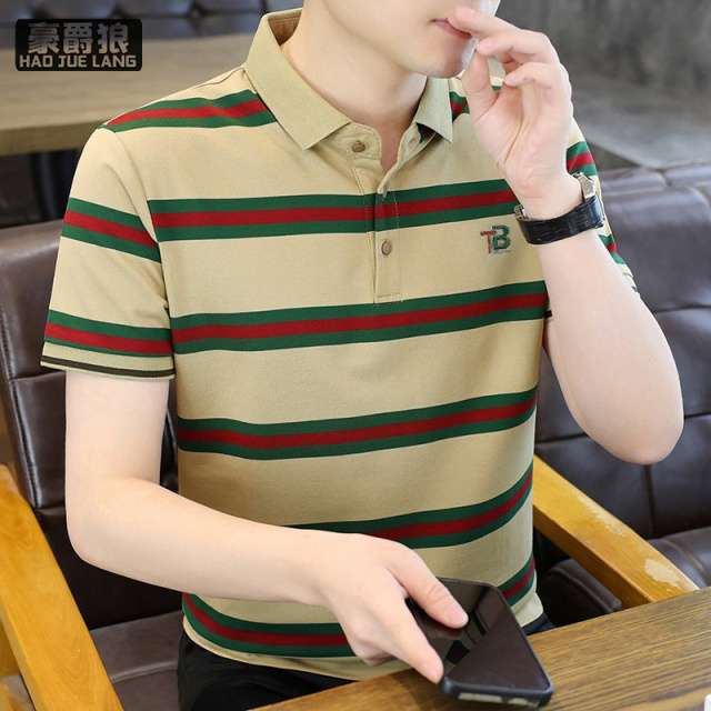 13469891.条纹POLO衫夏季新款短袖t恤男士青年T翻领修身半袖体恤上衣服潮