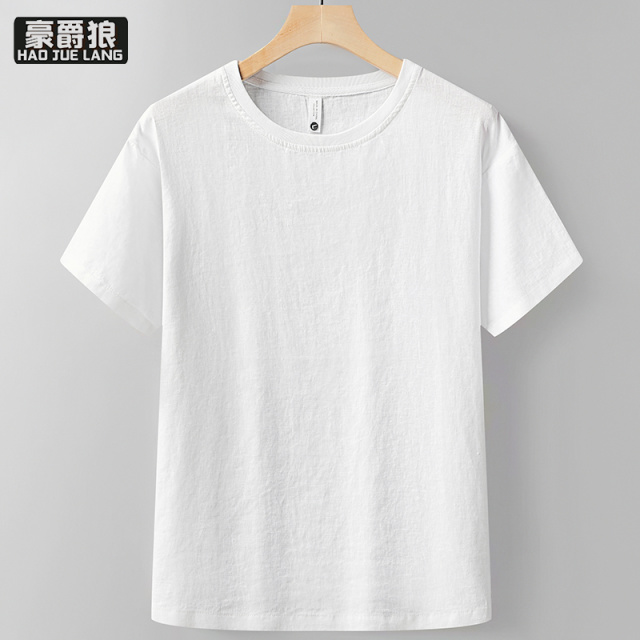 13469949.100%纯亚麻短袖T恤男士夏季休闲简约透气薄款圆领纯色上衣
