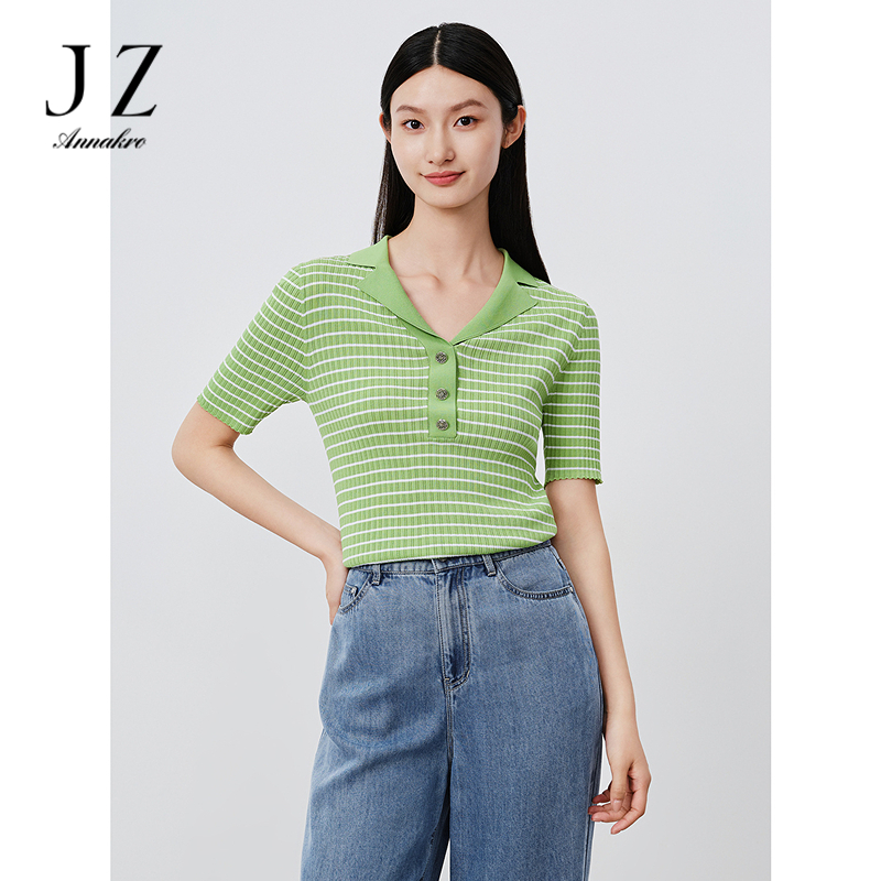 13473283.商场同款JZ玖姿翻领条纹针织衫夏季新款修身短袖JWDX31215