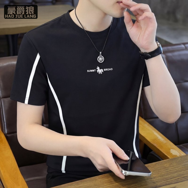 13469900.男式简约百搭圆领短袖T恤夏天潮流薄款拼接上衣纯棉修身刺绣体恤