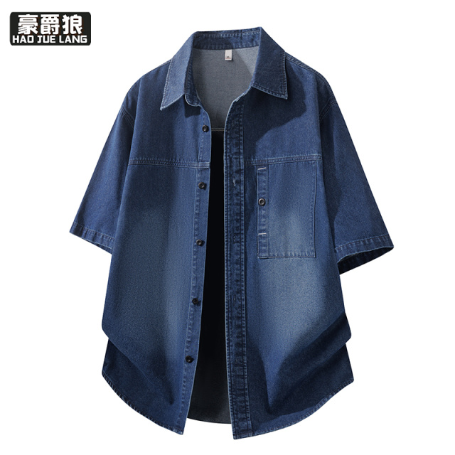 13469913.夏季新款牛仔衬衫男短袖夏季男装全棉男士衬衣外套水洗衣服潮牌