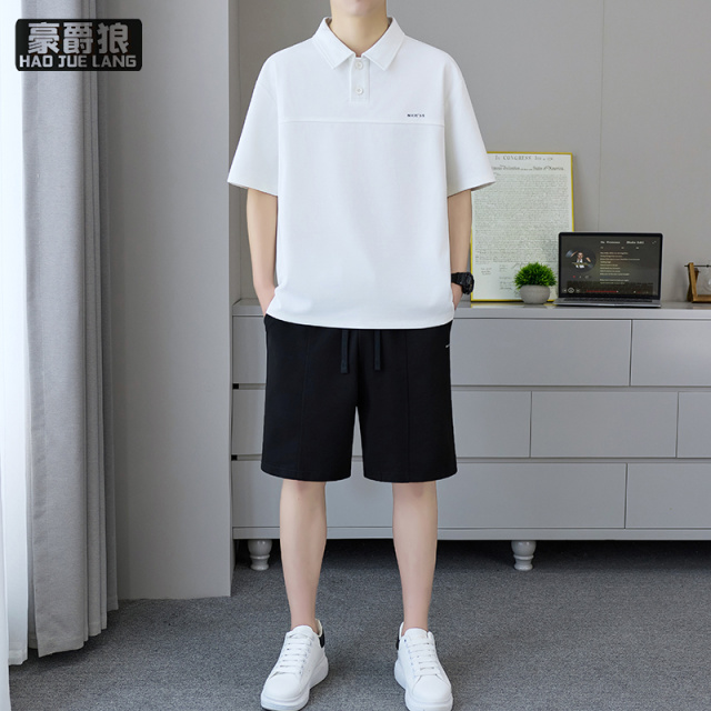 13469919.新款短袖polo衫套装男士夏季宽松重磅翻领t恤短裤两件套夏装