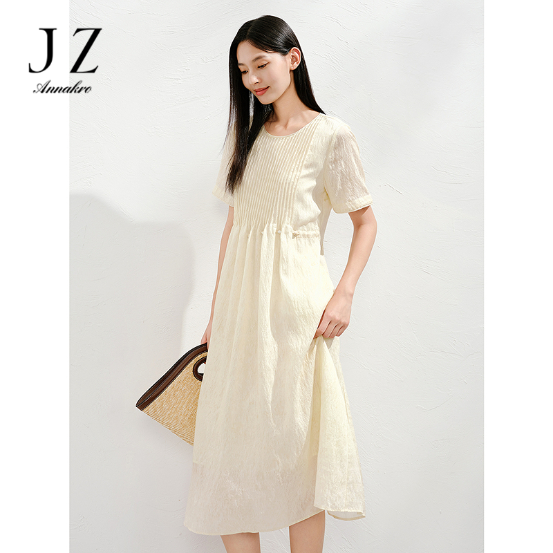 13473913.玖姿安娜蔻都市优雅风琴压褶莱赛尔嵌珠连衣裙女夏季新款
