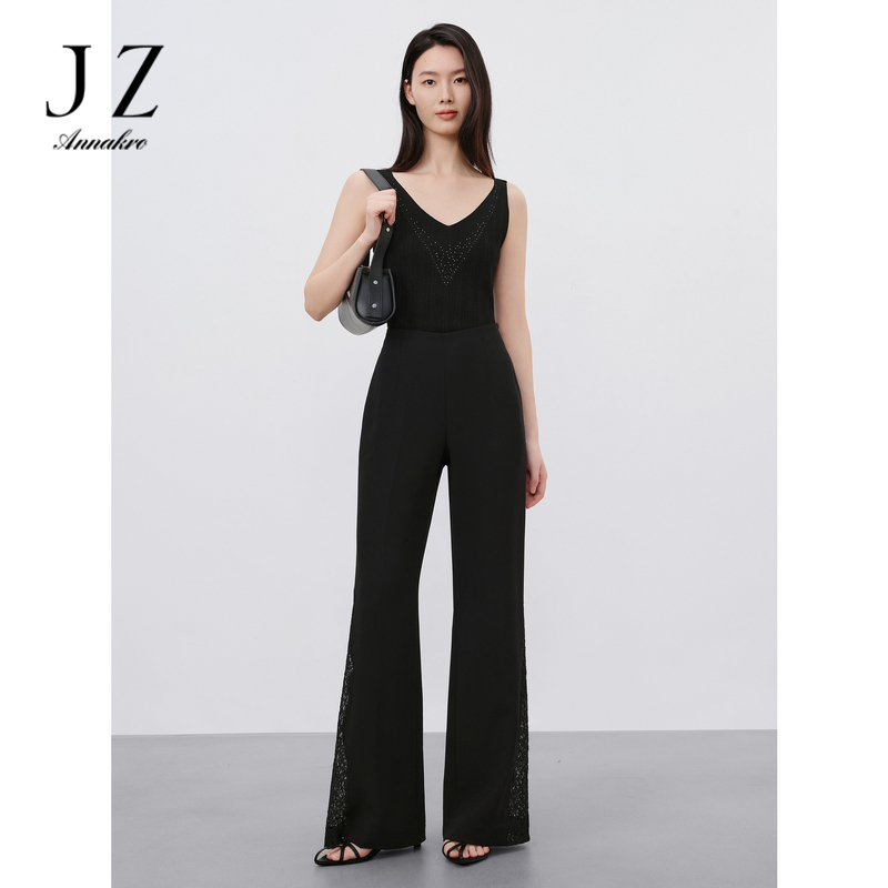 13474145.商场同款JZ玖姿蕾丝拼接微喇显瘦醋纤裤子夏季新款JZEX11008