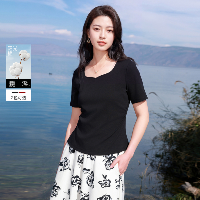 13455510.三彩若潮大码女装2026春季新款方领棉T恤短袖收腰上衣舒弹胖MM