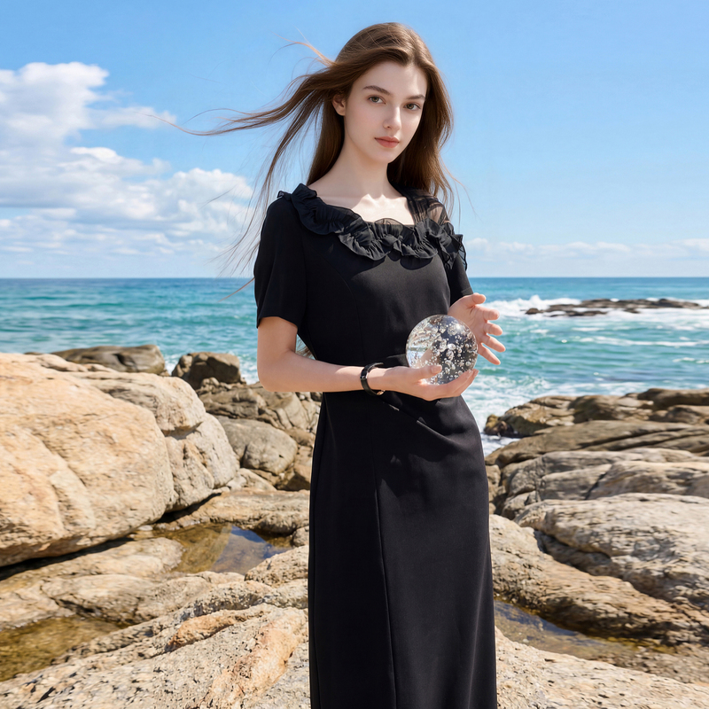13478580.三彩若潮大码女装2026夏季新款收腰连衣裙小黑裙短袖显瘦微胖MM