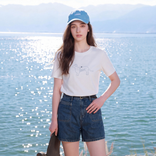 13455471.三彩若潮大码女装2026春季新款圆领棉T恤短袖小狗绣花宽松胖MM