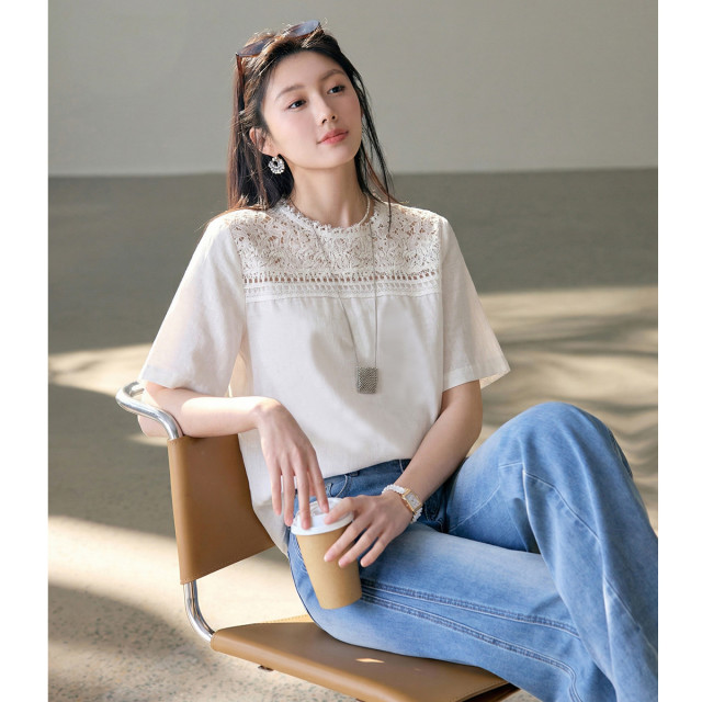 13481415.【重工蕾丝衬衫】2026夏季薄款百搭显瘦减龄高级短袖上衣