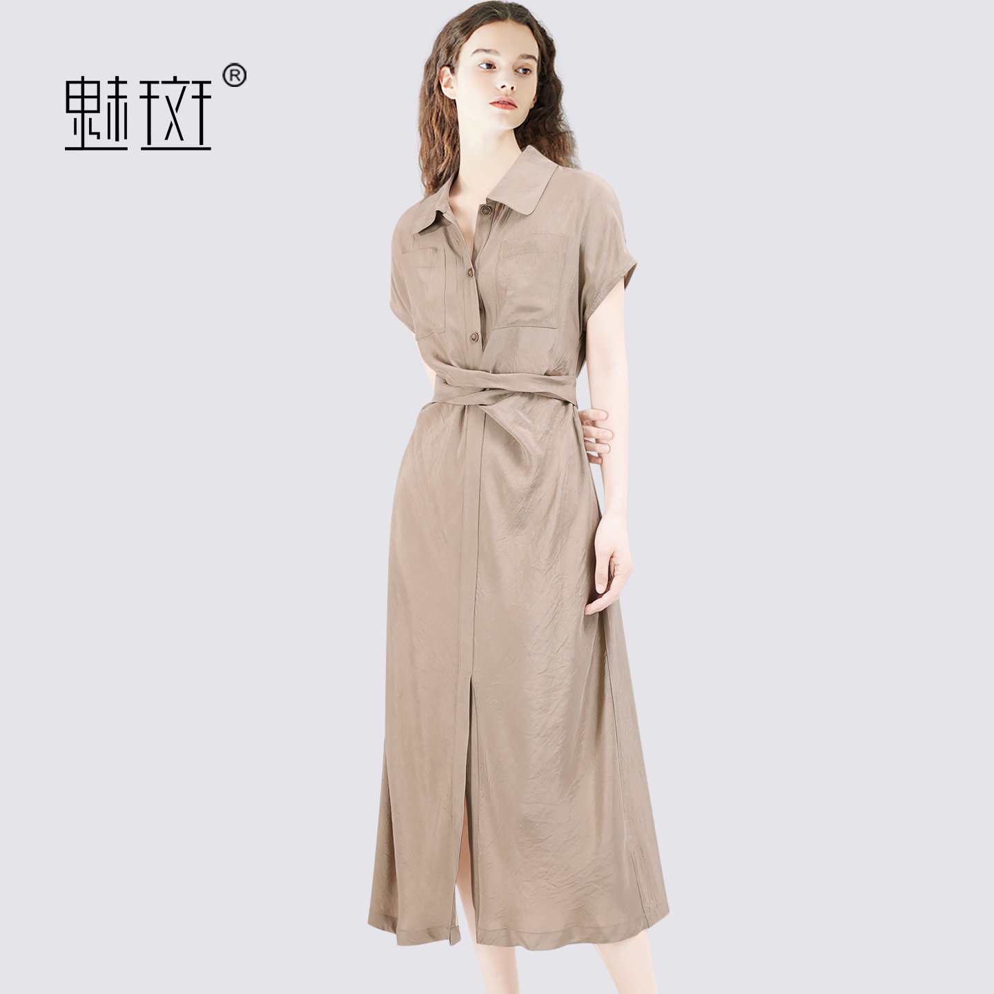 13480556.魅斑醋酸短袖连衣裙穿搭褶皱扭结绑带衬衫裙