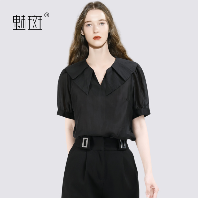13480554.魅斑黑色V领短袖衬衫衬衣