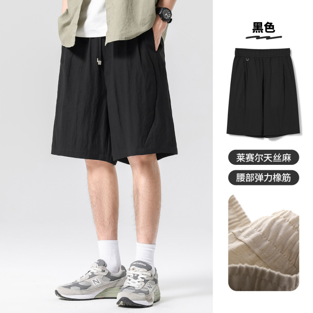 13482471.布衣传说莱赛尔天丝麻 肌理感亚麻休闲短裤子男款宽松五分中裤