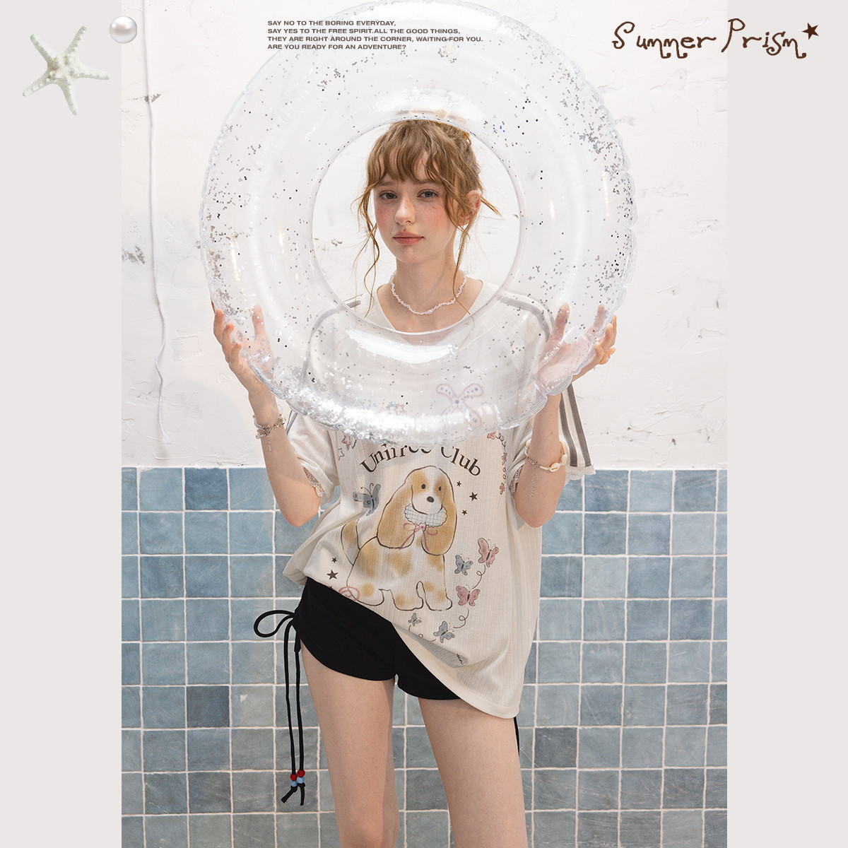 13483217.【26年夏新品】韩系少女感萌宠印花蕾丝花边拼接宽松V领T恤
