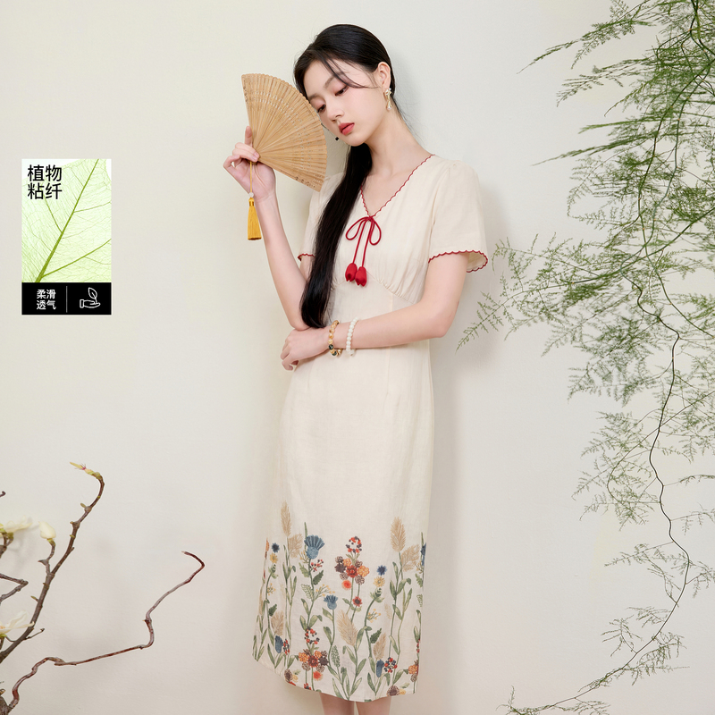 13485261.【亚麻】三彩若潮大码女装2026夏季新款新中式收腰连衣裙微胖MM
