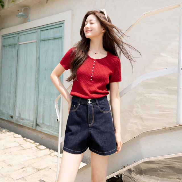 13485223.三彩若潮大码女装2026夏季新款绞花圆领针织衫修身显瘦短袖微胖MM
