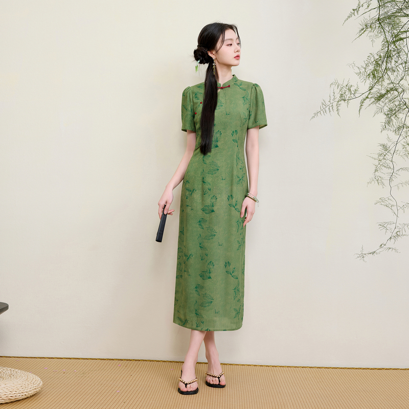13485274.三彩若潮大码女装2026夏季新款新中式立领收腰连衣裙显瘦微胖MM