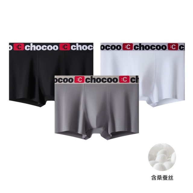 13715649.CHOCOOLATE三条装10A抗菌新疆精梳棉桑蚕丝四角男士内裤