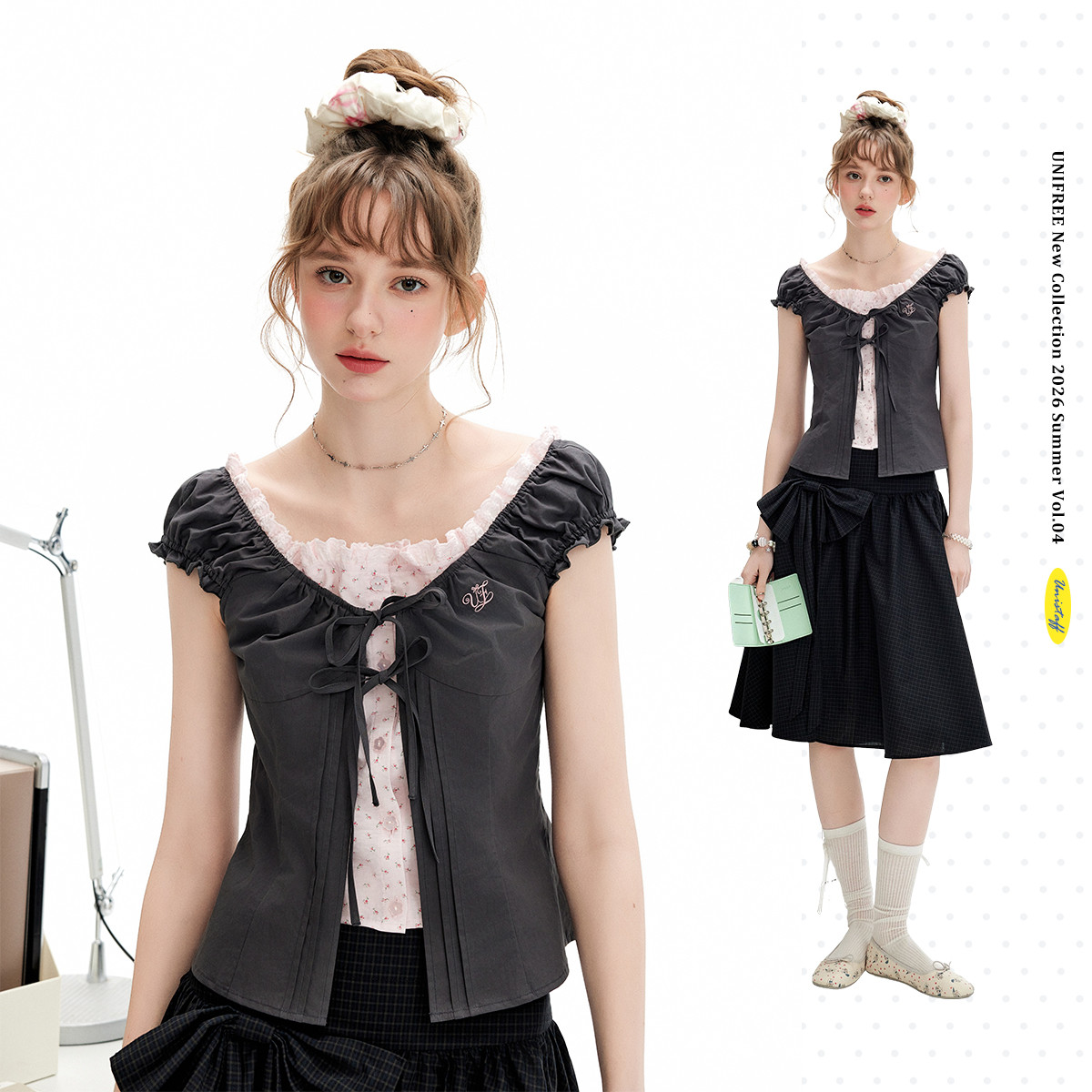 13483235.【26年夏新品】甜酷少女感撞色假两件设计舒适透气修身衬衫