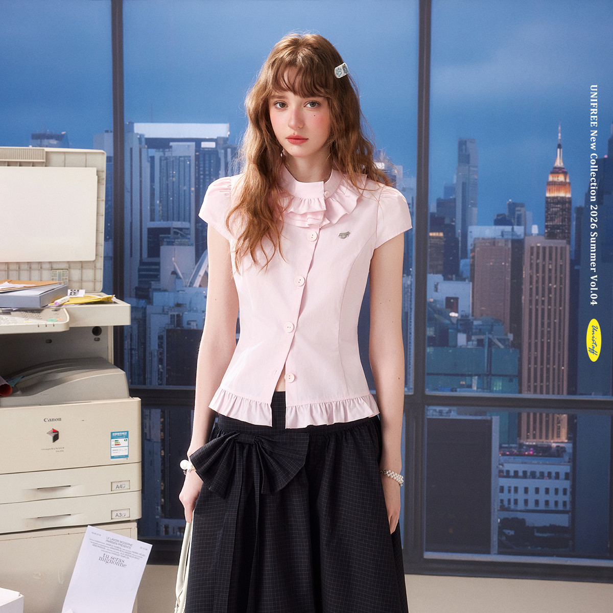 13483213.【26年夏新品】韩系少女感褶皱花边设计通勤百搭修身高领衬衫
