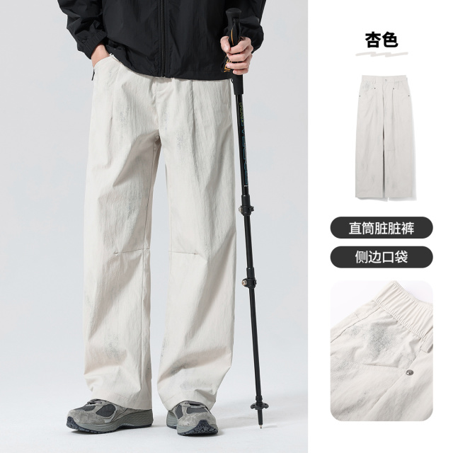 13486346.布衣传说砂洗脏脏裤 春季阔腿休闲裤子男款宽松百搭直筒拖地长裤