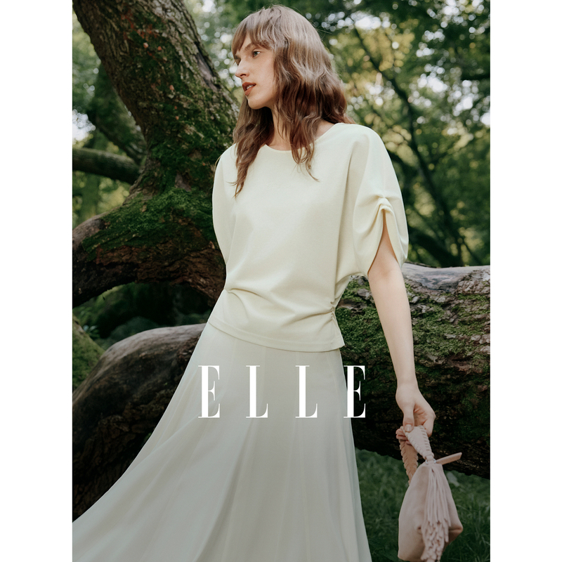 13488419.ELLE蝙蝠袖设计女式T恤都市休闲风下摆侧腰短袖