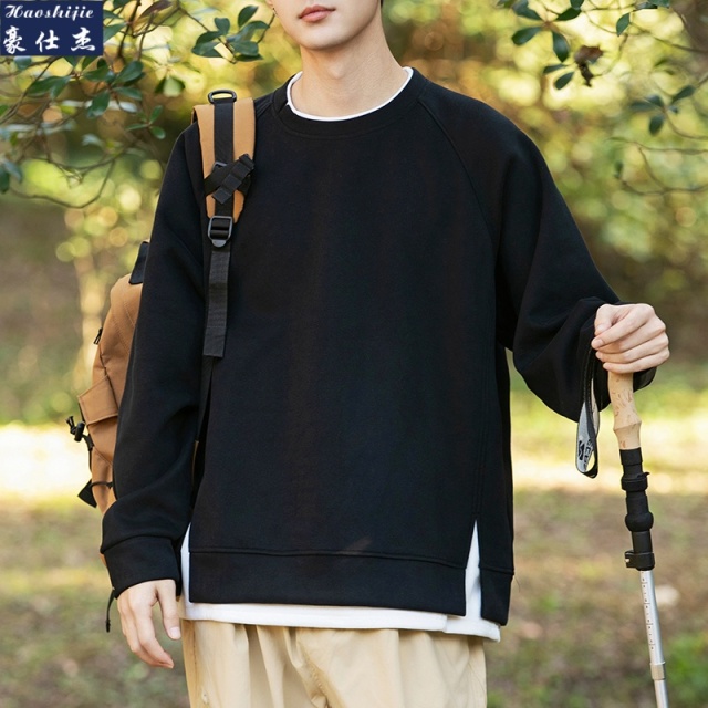 13491250.美式潮牌假两件重磅宽松休闲圆领卫衣春秋男