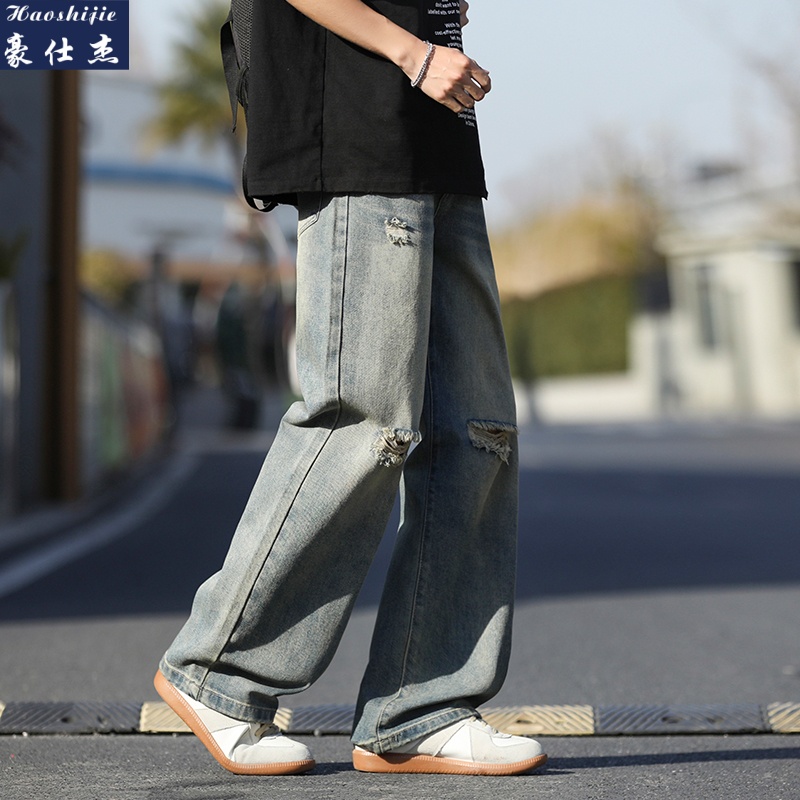 13491277.《简约时尚》春夏季破洞宽松牛仔裤男高街直筒裤腰阔腿拖地裤