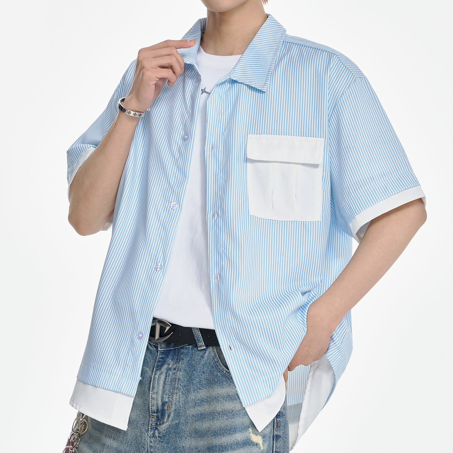 13491019.淘贝鼠夏季上新男式竖条纹青少年潮流百搭短袖衬衫【淘贝鼠男装XJ】