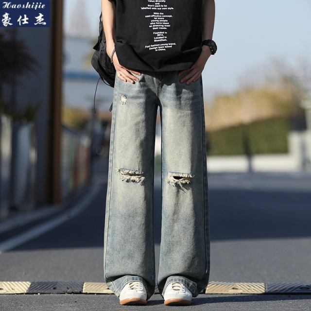 13491277.《简约时尚》春夏季破洞宽松牛仔裤男高街直筒裤腰阔腿拖地裤