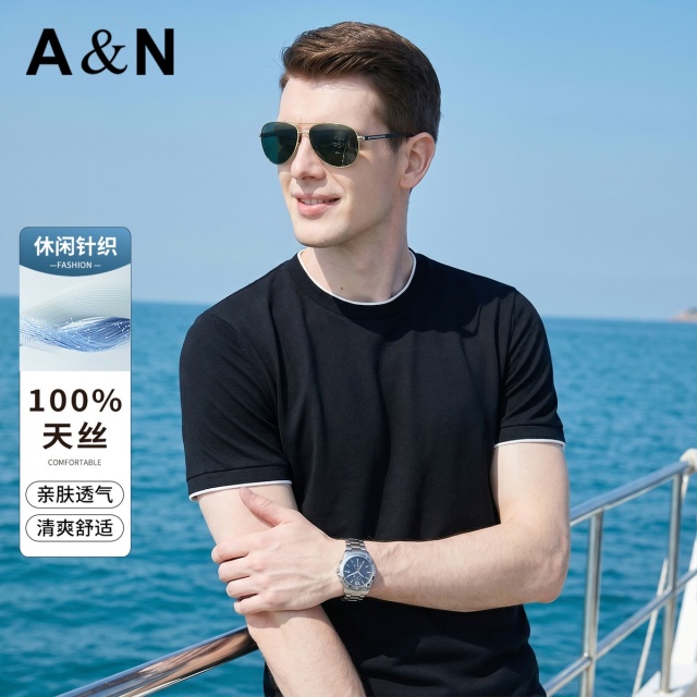 13493936.【100%天丝】简约休闲夏季针织T恤男薄款圆领上衣短袖针织衫