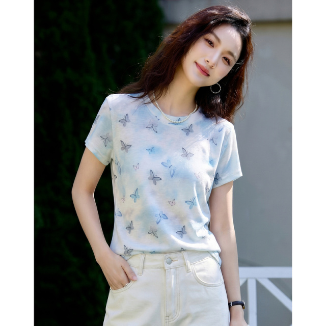 13497262.【蝴蝶晕染】夏季文艺甜美印花圆领短袖弹力显瘦舒适百搭女式t恤