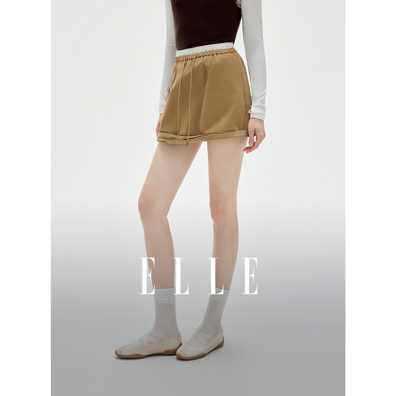 13496397.ELLE100%棉花苞裙都市通勤风双层腰头拼接短裙