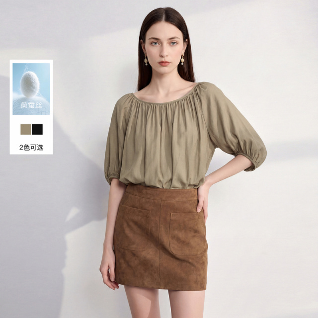 13304250.三彩丽雪leisure2026夏季新款纯色小衫圆领五分袖宽松通勤女