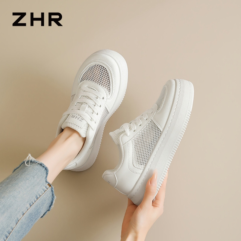 13496789.【ZHR则则】厚底小白鞋圆头系带厚底女鞋[PU+网布]