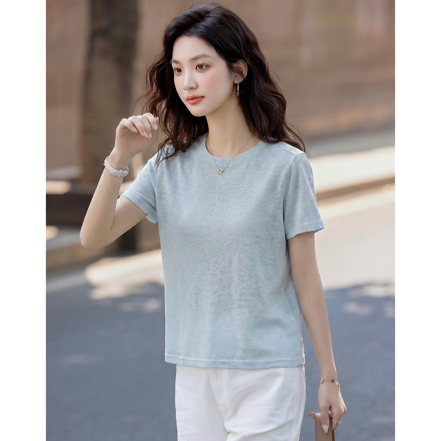 13497255.【含亚麻云感棉】夏季简约风肩部撞色圆领短袖显瘦松弛感女式t恤