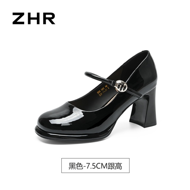 13496843.【ZHR则则】粗跟玛丽珍鞋圆头套脚粗跟女鞋[羊皮软垫]