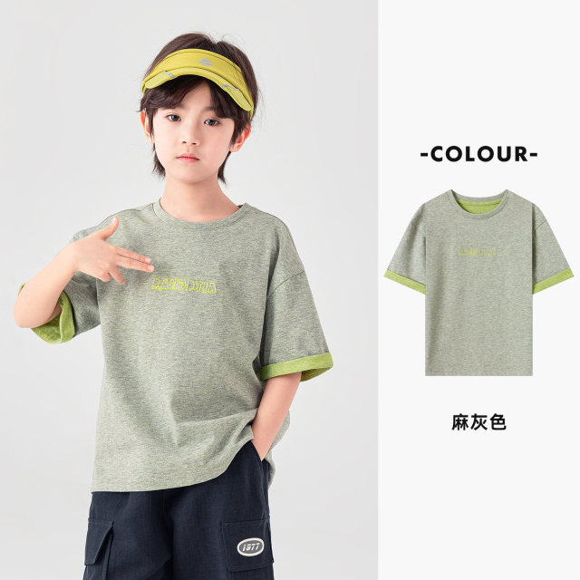 13508050.男童短袖夏季撞色袖口假两件T恤洋气童装儿童简约时尚宽松上衣