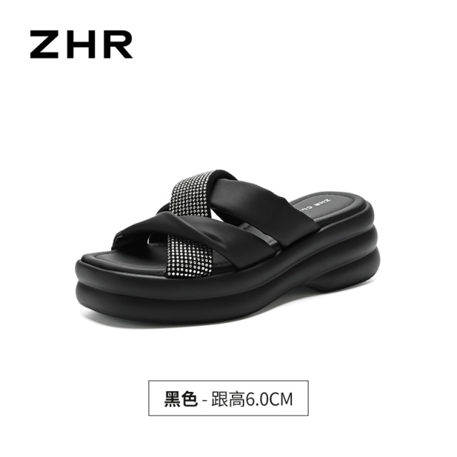 13496907.【ZHR则则】厚底拖鞋露趾套脚厚底女鞋[PU+绒布]