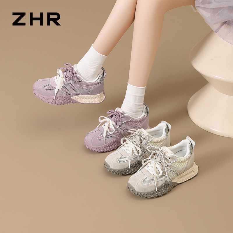 13496760.【ZHR则则】内增高阿甘鞋圆头系带厚底女鞋[猪巴戈（二层猪皮）+网布+仿超纤]