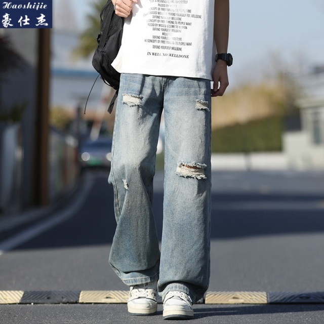 13502671.《百搭潮流》春夏季破洞宽松牛仔裤男潮牌直筒裤腰阔腿拖地裤