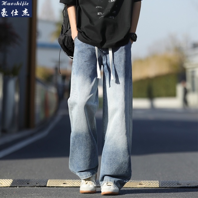 13502670.《简约休闲》春夏季渐变牛仔裤男高街休闲宽松直筒阔腿拖地裤