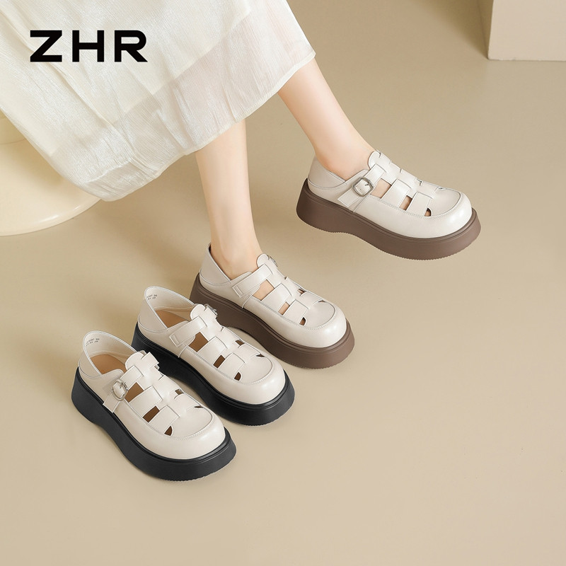13496793.【ZHR则则】罗马凉鞋圆头魔术贴厚底女鞋[牛剖层移膜革]