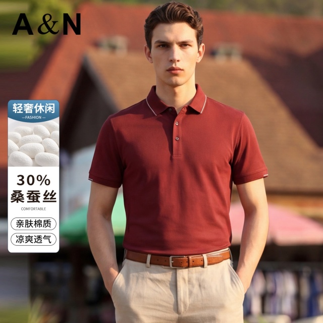 13497549.【30%桑蚕丝】轻奢休闲夏季简约休闲透气舒适男式短袖T恤上衣