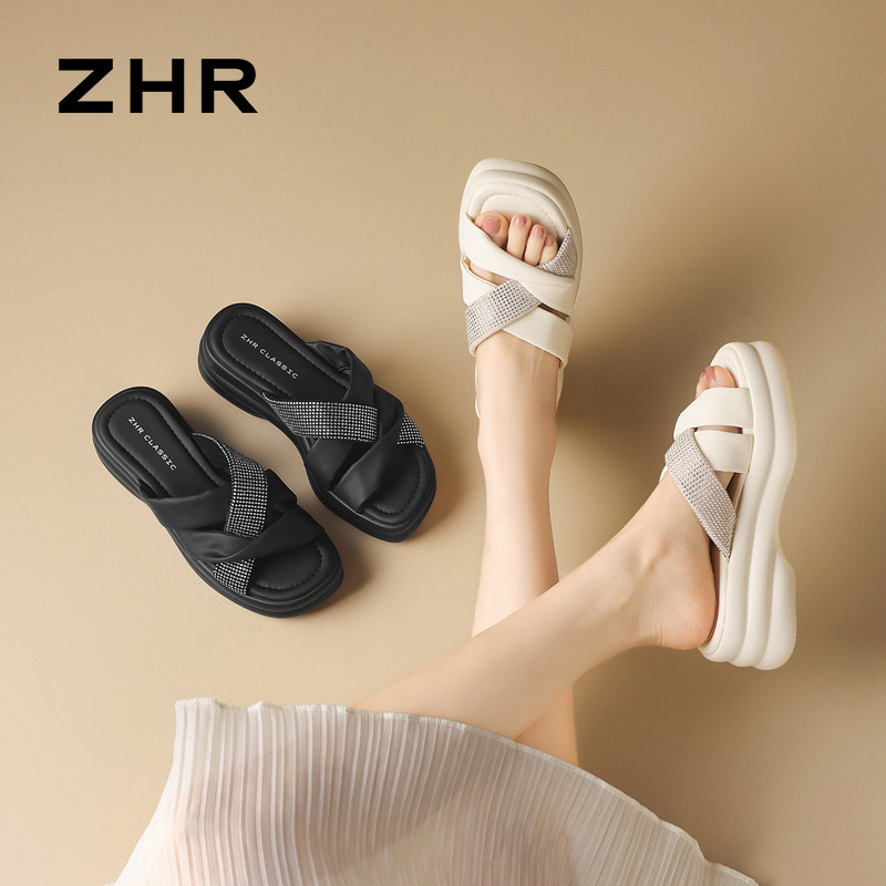 13496907.【ZHR则则】厚底拖鞋露趾套脚厚底女鞋[PU+绒布]