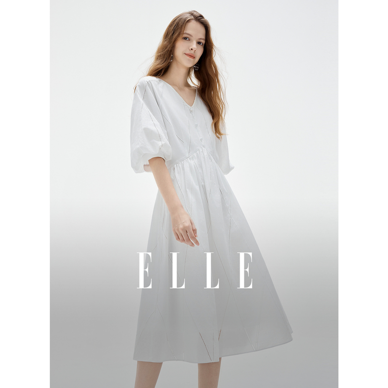 13495907.ELLE全棉高质感小白裙女优雅气质灯笼袖高腰连衣裙