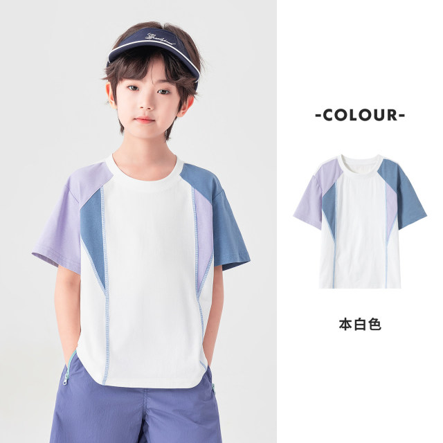 13507312.男童速干T恤冰感夏装几何拼接弹力运动短袖儿童透气吸湿圆领上衣