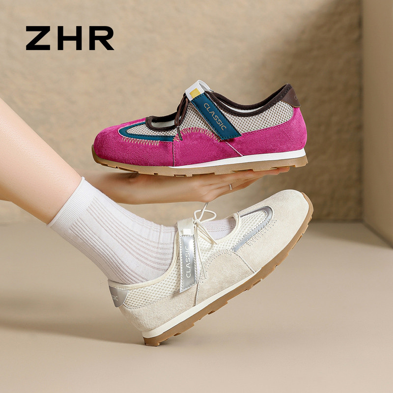 13496752.【ZHR则则】运动玛丽珍鞋圆头魔术贴平底女鞋[头层猪皮+网布+PU]