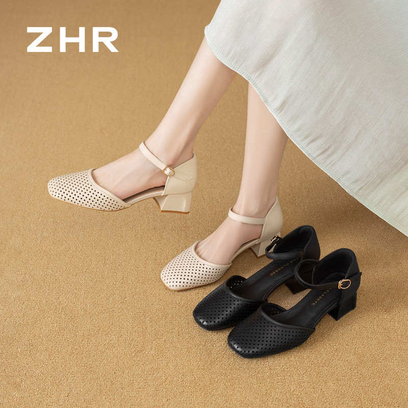 13758093.【ZHR则则】中空凉鞋方头透气搭扣粗跟女鞋[羊皮软垫]