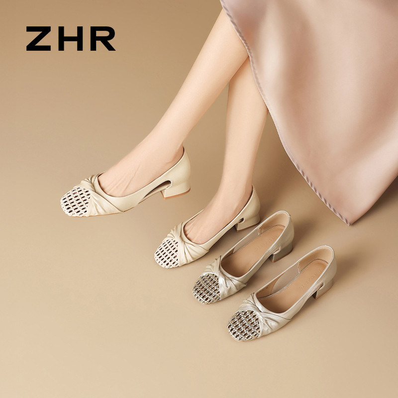 13680130.【ZHR则则】粗跟浅口方头镂空套脚粗跟女鞋[PU]