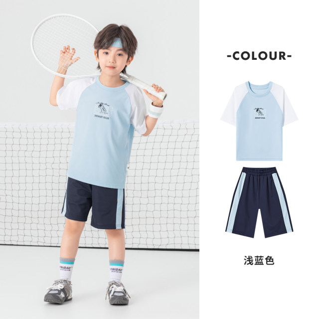 13507335.【UPF50+防晒】男童运动休闲插肩袖套装夏季儿童T恤短裤两件潮装