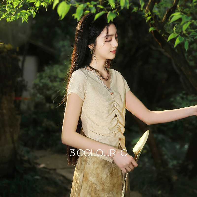13441904.【杏雨清夏】三彩2026夏季新款新中式T恤V领修身短袖上衣小衫C